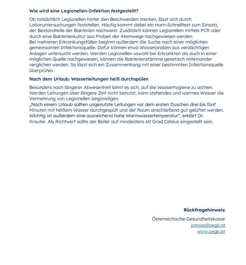 A document with instructions on how to detect a Legionella infection, including laboratory tests, bacterial cultures, and water sampling. It also provides advice on water hygiene after vacation.