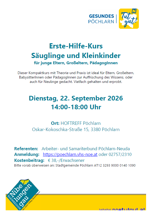 Poster for a first aid course for infants and young children, including details like date, time, location, and contact information. The poster features logos and a yellow and white color scheme.