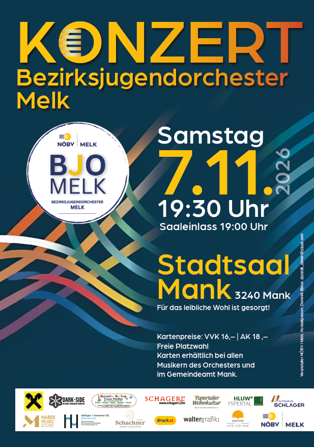 Poster for a concert by the Melk District Youth Orchestra. The event is on Saturday, November 7, 2026, at 7:30 PM. The venue is Stadtsaal Mank, with free admission for all musicians and the community of Mank.