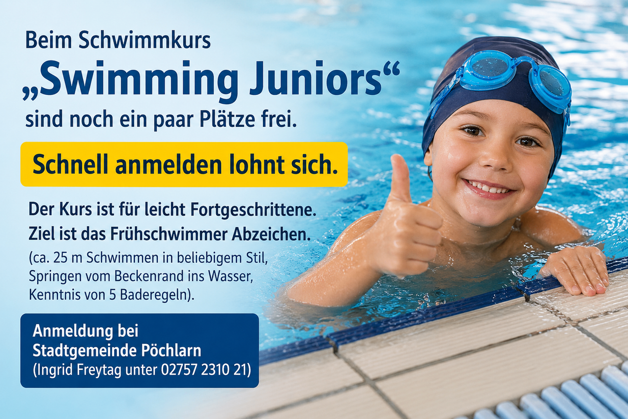 Anzeige für Schwimmkurse für Jugendliche. Es sind noch einige Plätze frei. Anmeldung lohnt sich. Für Anfänger und Fortgeschrittene. Schwimmen in beliebigem Stil, Stehen im Wasser, 5 Poolregeln.