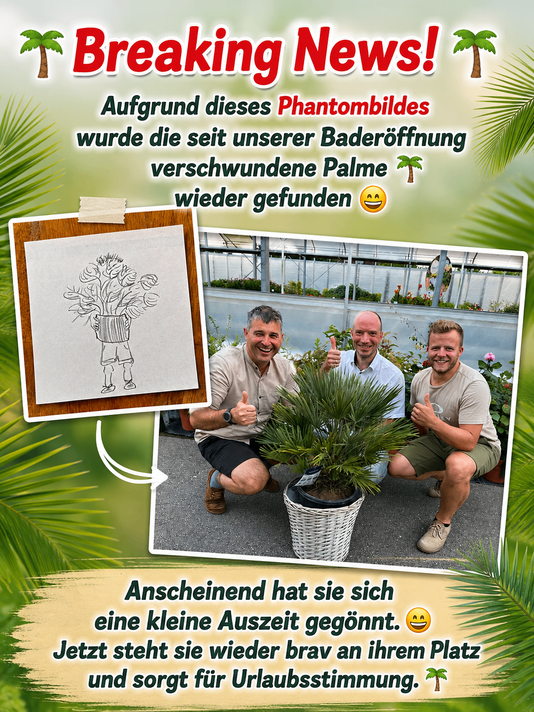 Drei Männer posieren mit einer Palme in einem Topf. Der Text zeigt, dass die Palme nach der Eröffnung ihres Gartens verschwunden war. Ein Bild einer Person mit einer Palme ist ebenfalls zu sehen.