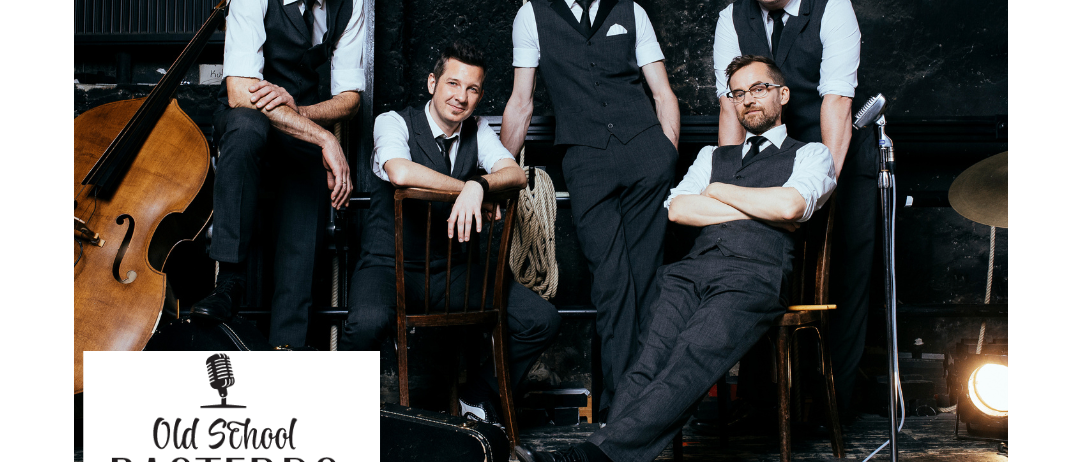 Ein Veranstaltungsposter mit vier Männern in Anzügen, die um einen Cello und ein Mikrofon herumstehen oder sitzen. Der Plakattext lautet 'Old School Bastards' und 'Leibnitz KULt'. Das Datum ist 11.9.25 und die Uhrzeit ist 20:00.