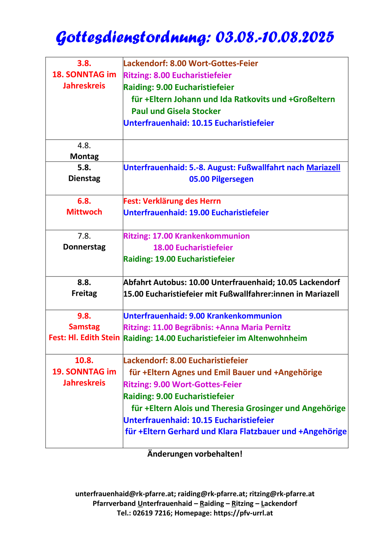 Das Bild zeigt einen Zeitplan religiöser Gottesdienste und Veranstaltungen, einschließlich Daten, Uhrzeiten und Orten. Veranstaltungen beinhalten Eucharistiefeiern, Pilgerreisen und besondere Messen. Änderungen sind am unteren Rand vermerkt.