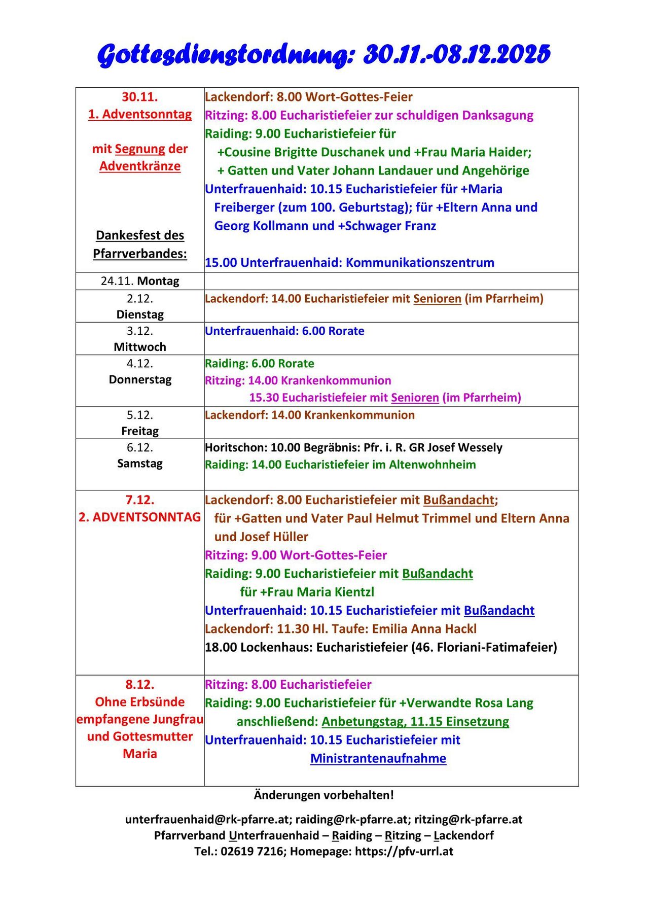Das Bild zeigt einen Kirchenzeitplan. Es enthält Details für jeden Wochentag mit Veranstaltungen wie Eucharistiefeiern, Gebeten und besonderen Gottesdiensten. Bemerkenswerte Ereignisse sind eine Taufe und ein Gottesdienst für ein verstorbenes Familienmitglied.