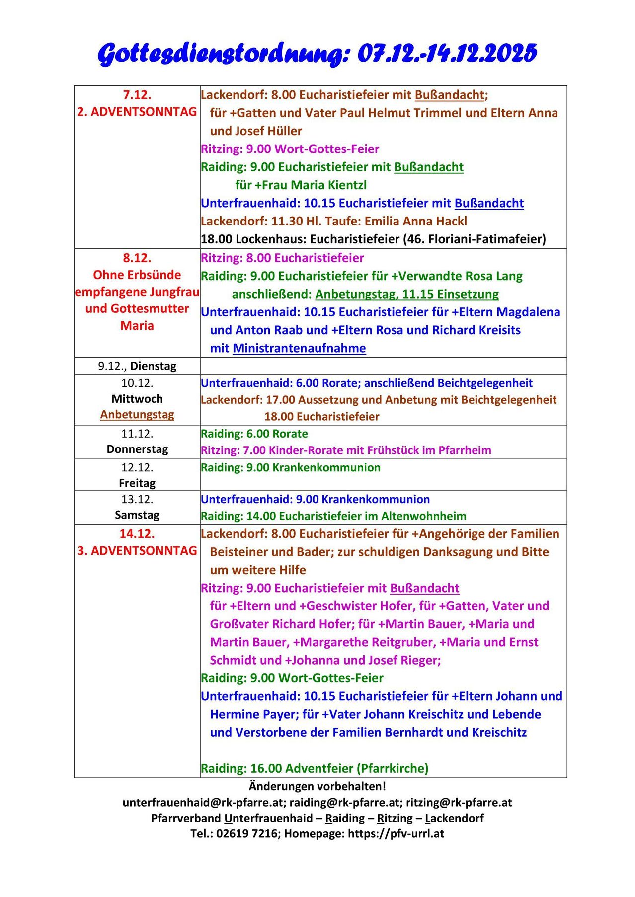 Eine Tabelle listet verschiedene religiöse Veranstaltungen in deutscher Sprache auf. Die Veranstaltungen umfassen Eucharistiefeiern, Kindermessen und Familientreffen, jeweils mit spezifischen Zeiten und Orten.