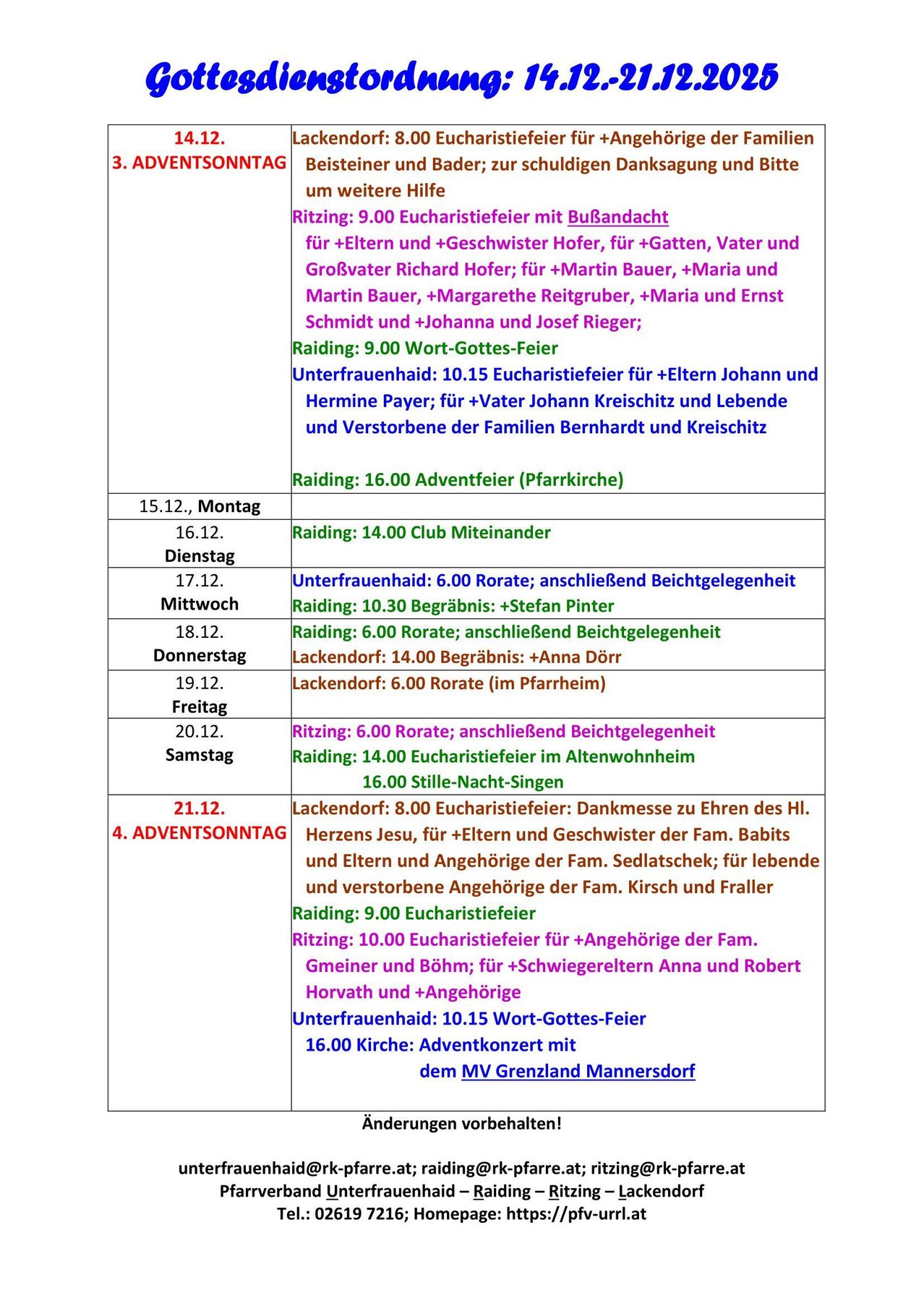 Das Dokument enthält einen Zeitplan für verschiedene religiöse Veranstaltungen und Messen, einschließlich Eucharistiefeiern, Messen und anderer religiöser Dienste. Daten, Zeiten und spezifische Details jeder Veranstaltung sind aufgeführt.