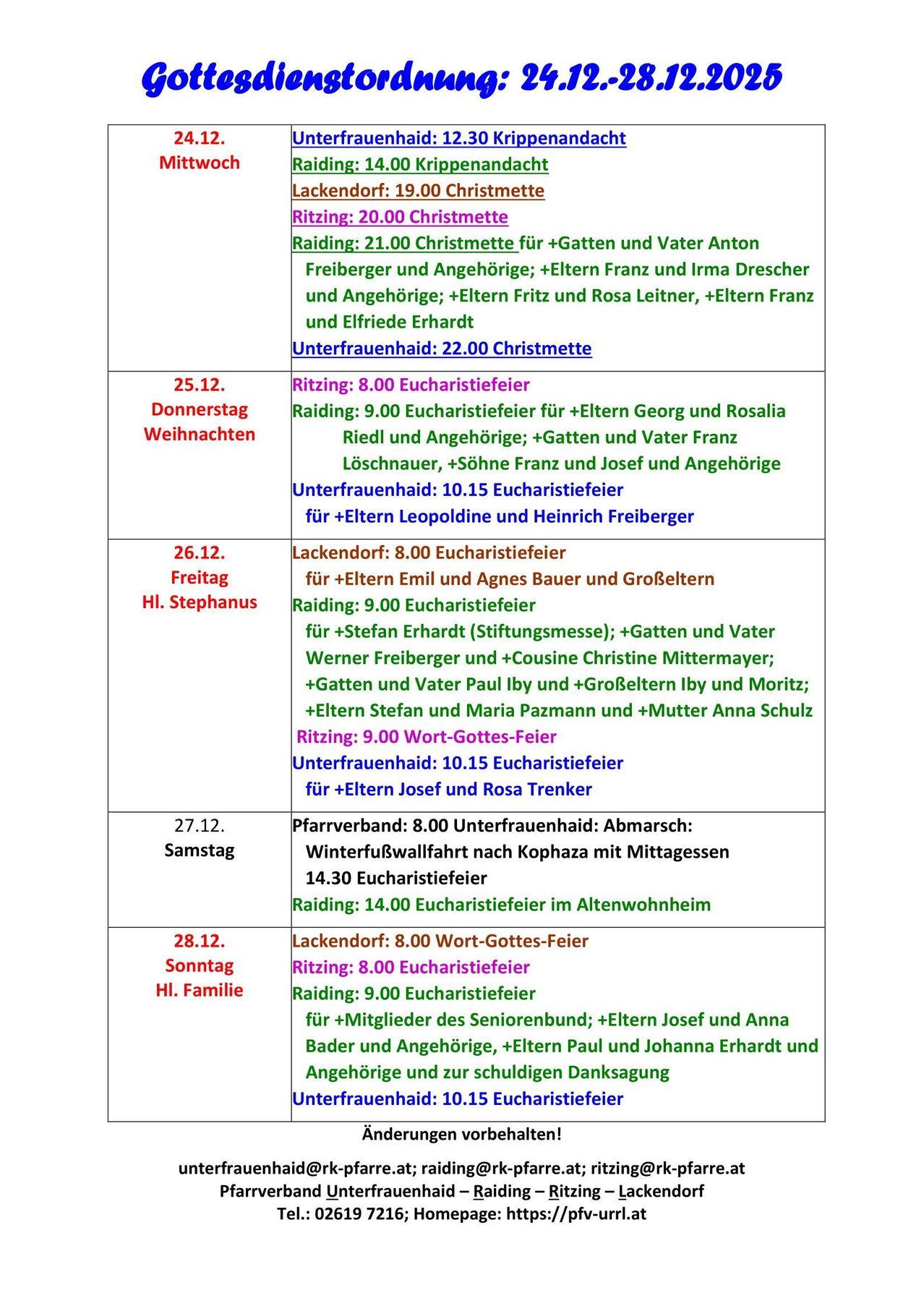Ein Bild zeigt verschiedene Veranstaltungen, einschließlich Eucharistiefeiern, Familientreffen und Fahrten, mit Angaben zu Datum, Uhrzeit und Teilnehmern. Jeder Eintrag enthält ein Datum, Art der Veranstaltung und Namen der Teilnehmer.