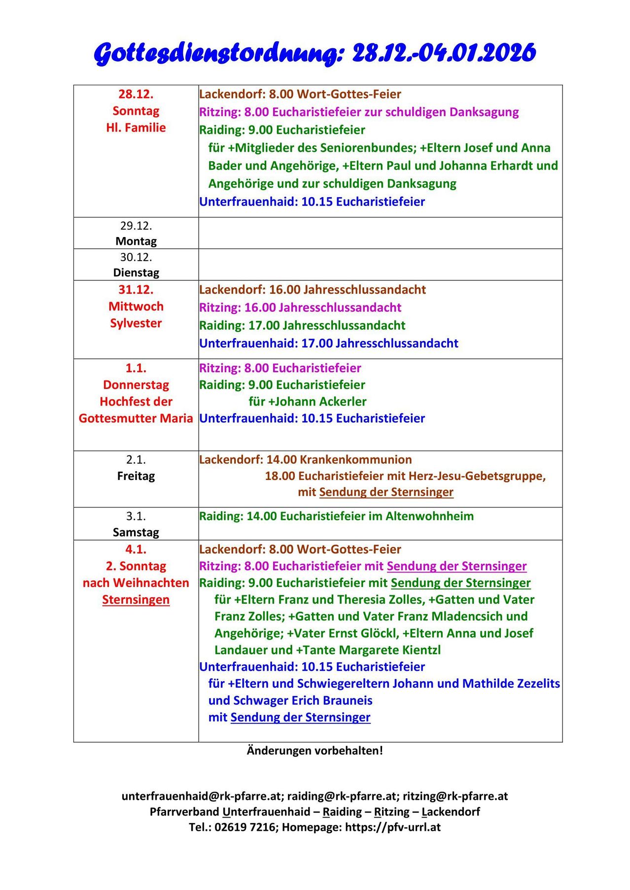 Der Zeitplan umfasst Termine, Uhrzeiten und Veranstaltungen von Dezember 2022 bis Januar 2023. Höhepunkte sind die Jahresabschlussgottesdienste, Silvester und das Hochfest der Gottesmutter Maria. Detaillierte Zeiten für Eucharistiefeiern, Gebetsdienste und spezifische Ereignisse mit Teilnehmern.