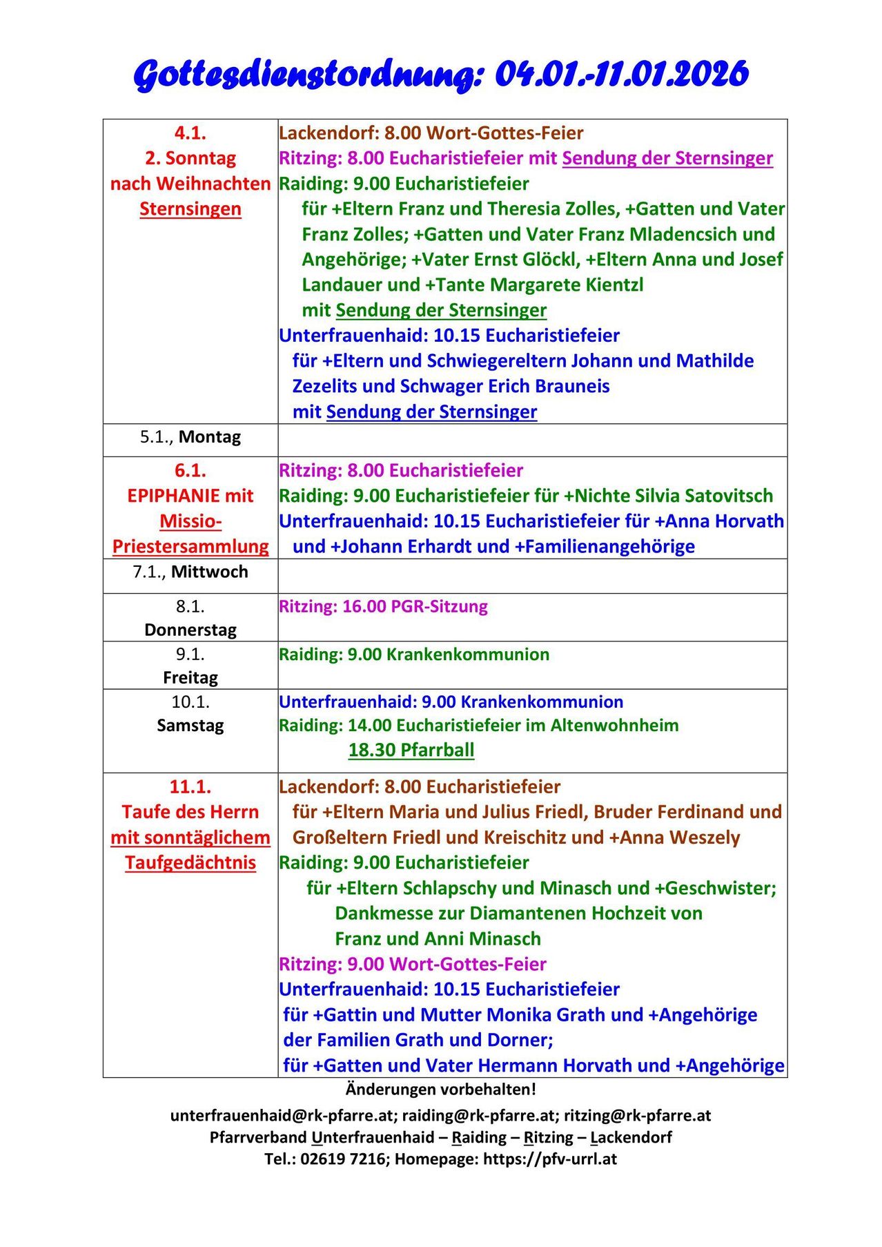 Eine Tabelle zeigt den Zeitplan religiöser Gottesdienste mit Daten, Uhrzeiten und den Zelebranten für jeden Gottesdienst. Die Gottesdienste sind vom 5. Januar bis zum 11. November aufgeführt, mit Details wie Eucharistiefeiern, Messen und Gebetsdiensten.