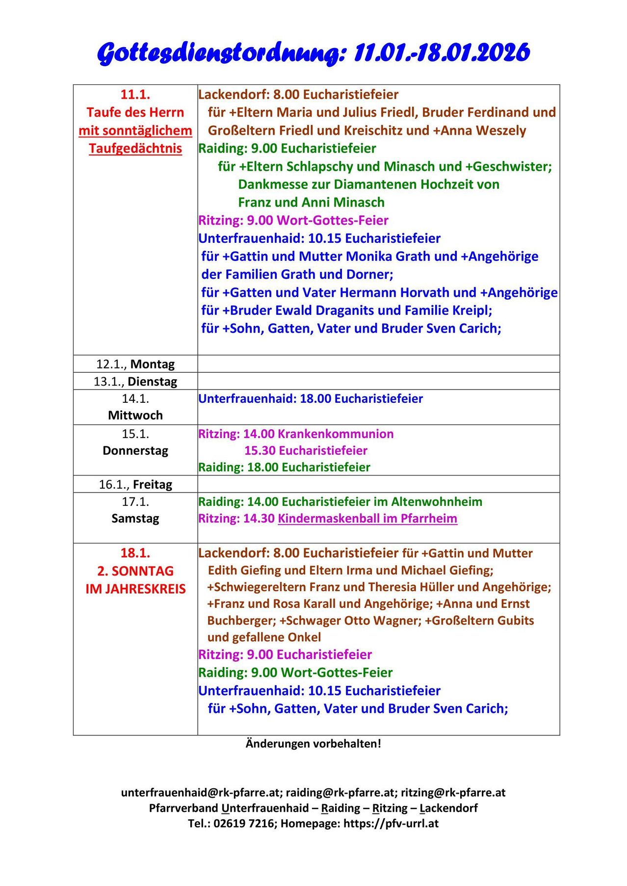 A table lists dates and times for various religious services, including masses, baptisms, and other events. The events are scheduled for different days of the week.