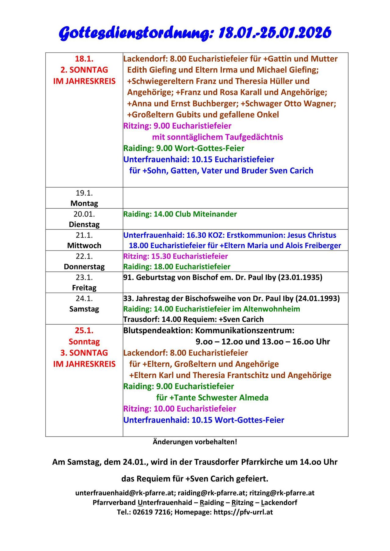 A church schedule lists various services and masses from January 19 to January 31, including birthdays, anniversaries, and special masses. Notable events include a Sunday service with a baptism and a Sunday service for parents, grandchildren, and relatives.