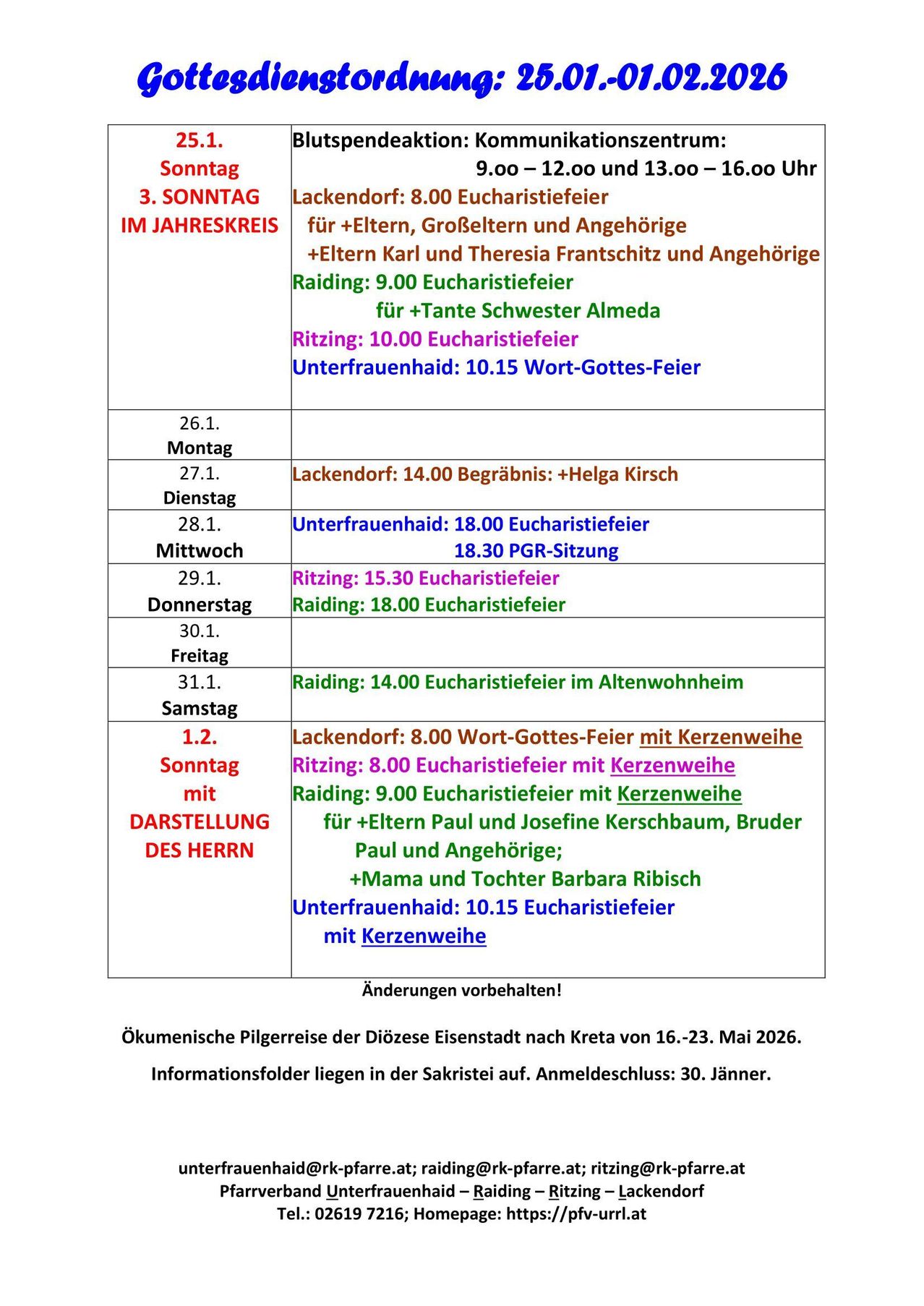 Das Bild zeigt einen Zeitplan religiöser Veranstaltungen für das Jahr, einschließlich Zeiten und Orte für verschiedene Gottesdienste. Es erwähnt auch eine Pilgerreise in Eisenstadt vom 16. bis 23. Mai 2026. Der Zeitplan ist auf Deutsch.
