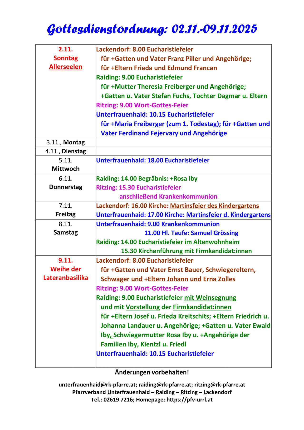 Ein Zeitplan religiöser Gottesdienste listet Zeiten und Termine für verschiedene Veranstaltungen auf, einschließlich Eucharistie, Taufen und Gottesdienste. Bemerkenswerte Teilnehmer und Sponsoren werden für jede Veranstaltung erwähnt. Der Zeitplan erstreckt sich von Montag bis Sonntag.