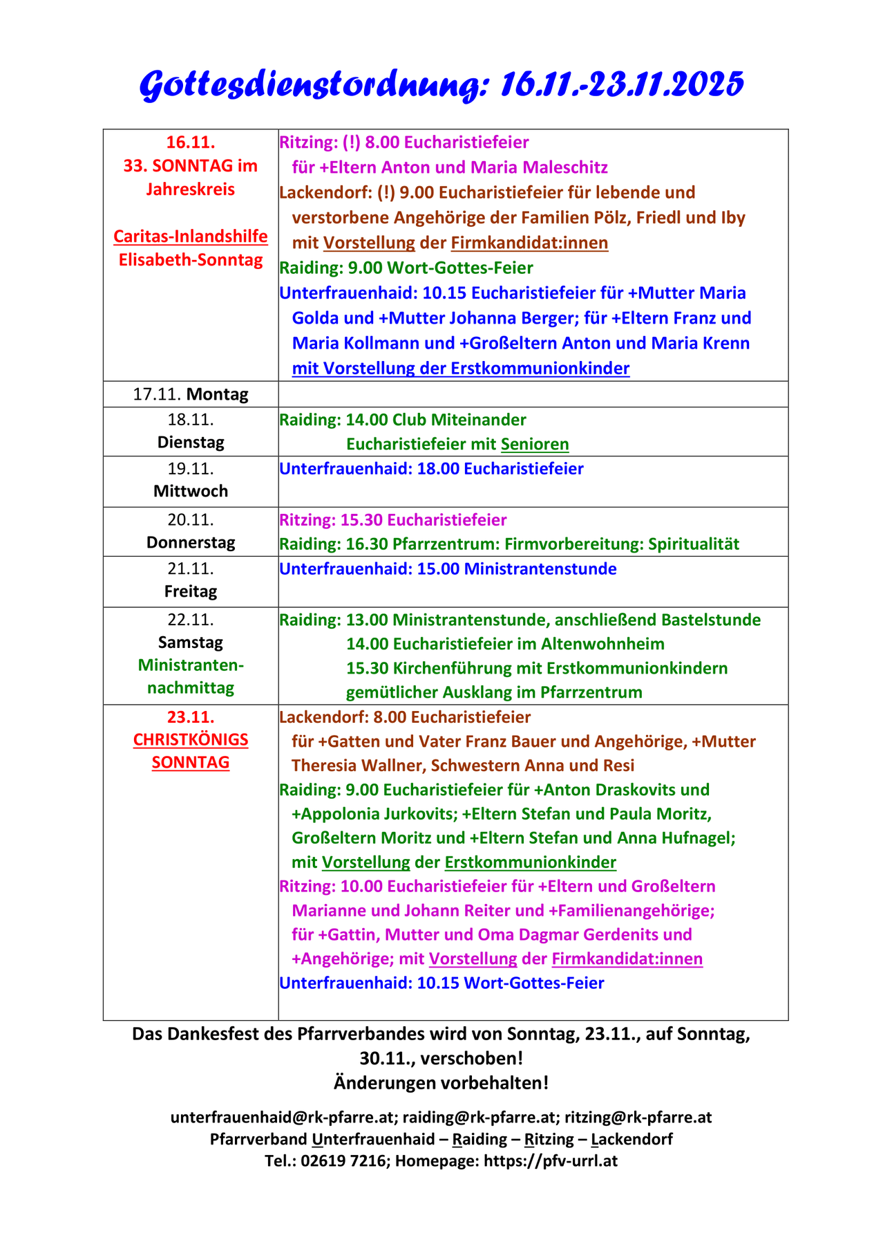Eine Tabelle zeigt den Zeitplan für Messen und Veranstaltungen einer Pfarrgemeinde. Es enthält Datum, Uhrzeit und Beschreibungen der eucharistischen Feiern, Clubtreffen und anderer Pfarraktivitäten. Die Tabelle listet Details für jedes Ereignis auf, einschließlich der Namen der Teilnehmer und Sponsoren.
