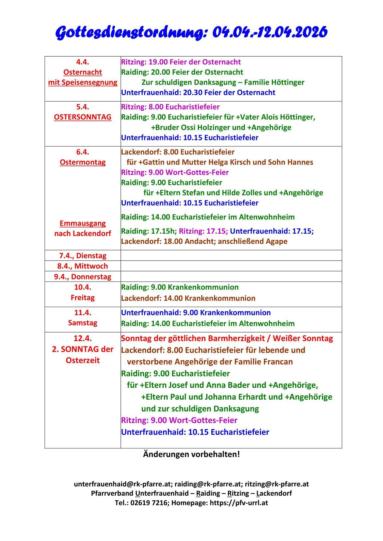 The image lists various religious services and events, including Mass times, eucharistic celebrations, and special services. The schedule includes dates, times, and descriptions of each event.