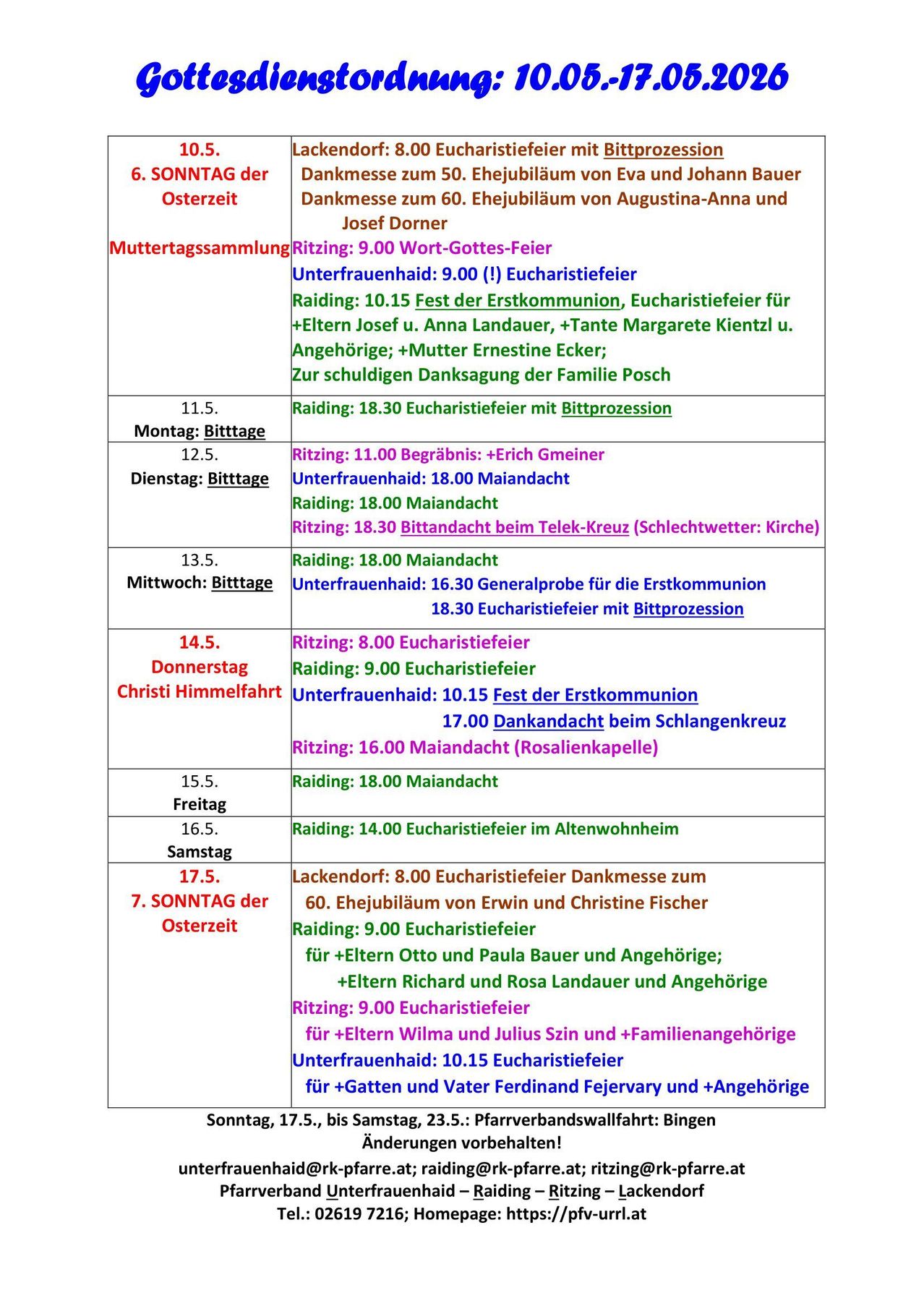 The document details weekly religious services, including Mass times and special events. Monday features a blessing at 11 AM and a First Communion celebration at 6 PM. Tuesday has a Mass at 6 PM with a procession. Wednesday includes a General Examination for First Communion at 4:30 PM. Thursday has a Mass at 8 AM and a First Communion celebration at 3 PM. Friday features a Mass at 4 PM at an old-age home. Saturday has a procession at 8 AM and a Mass at 9 AM. Sunday includes a Mass at 9 AM for various parents and families.