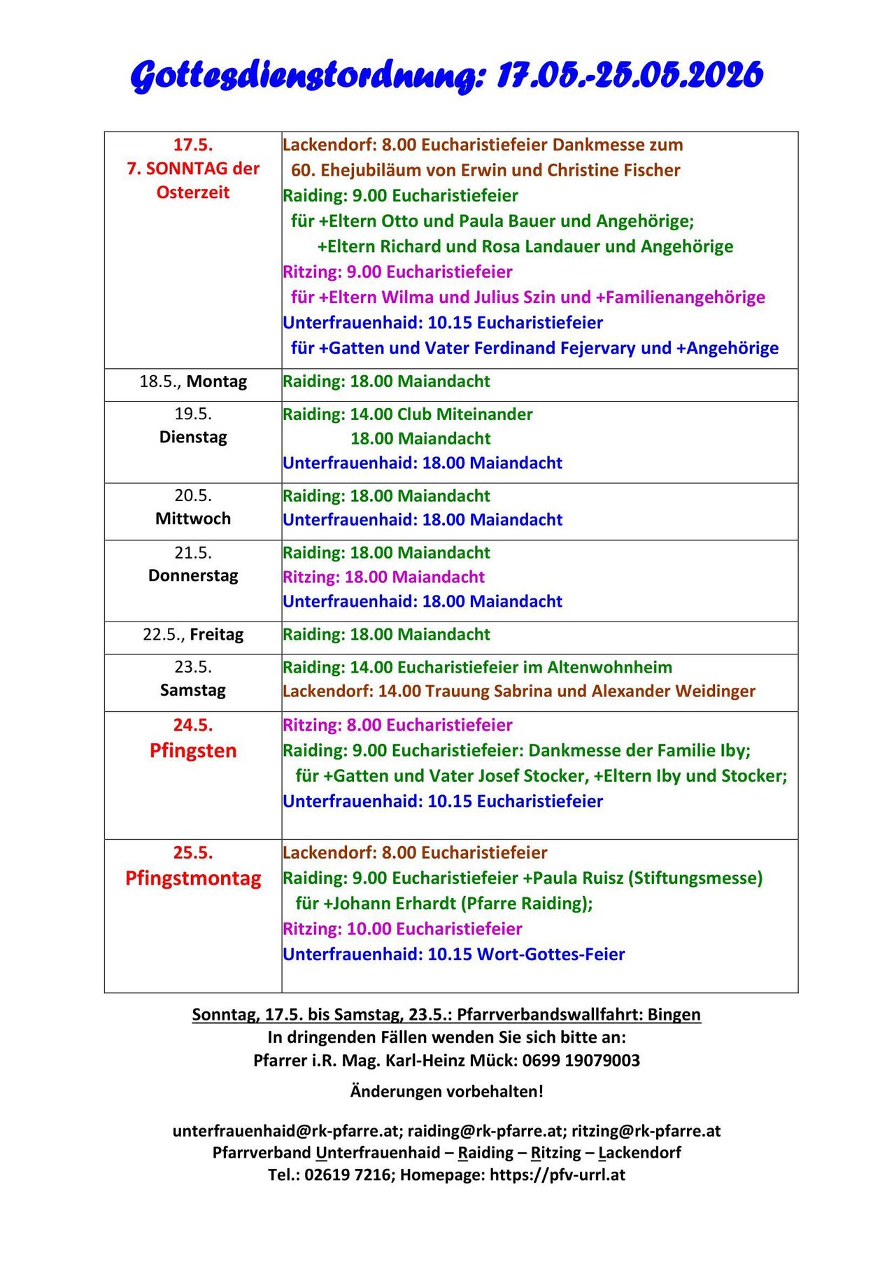 Das Bild zeigt einen Zeitplan von Gottesdiensten von Montag bis Samstag. Die Dienste umfassen Eucharistie und Messen, mit spezifischen Zeiten und Teilnehmern aufgelistet. Spezielle Veranstaltungen sind ebenfalls vermerkt.