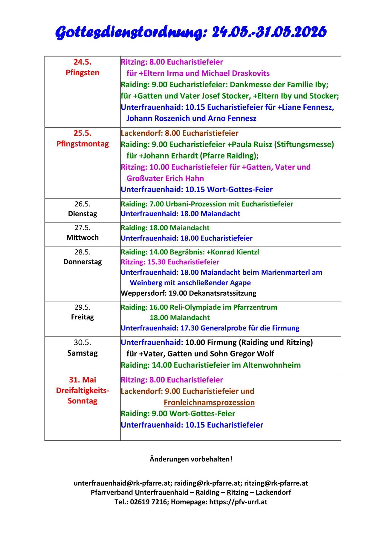 The image shows a schedule for religious services and events, including details like the time, type of service, and special participants. It lists various dates and times for mass, processions, and other religious activities.