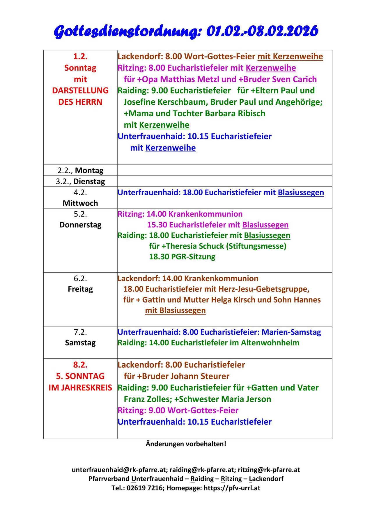 Das Bild listet verschiedene religiöse Dienste auf, einschließlich Eucharistiefeiern, Messen und Gebetstreffen, mit spezifischen Daten, Zeiten und Orten. Es enthält Details über die leitenden Personen und die Art der Dienste.