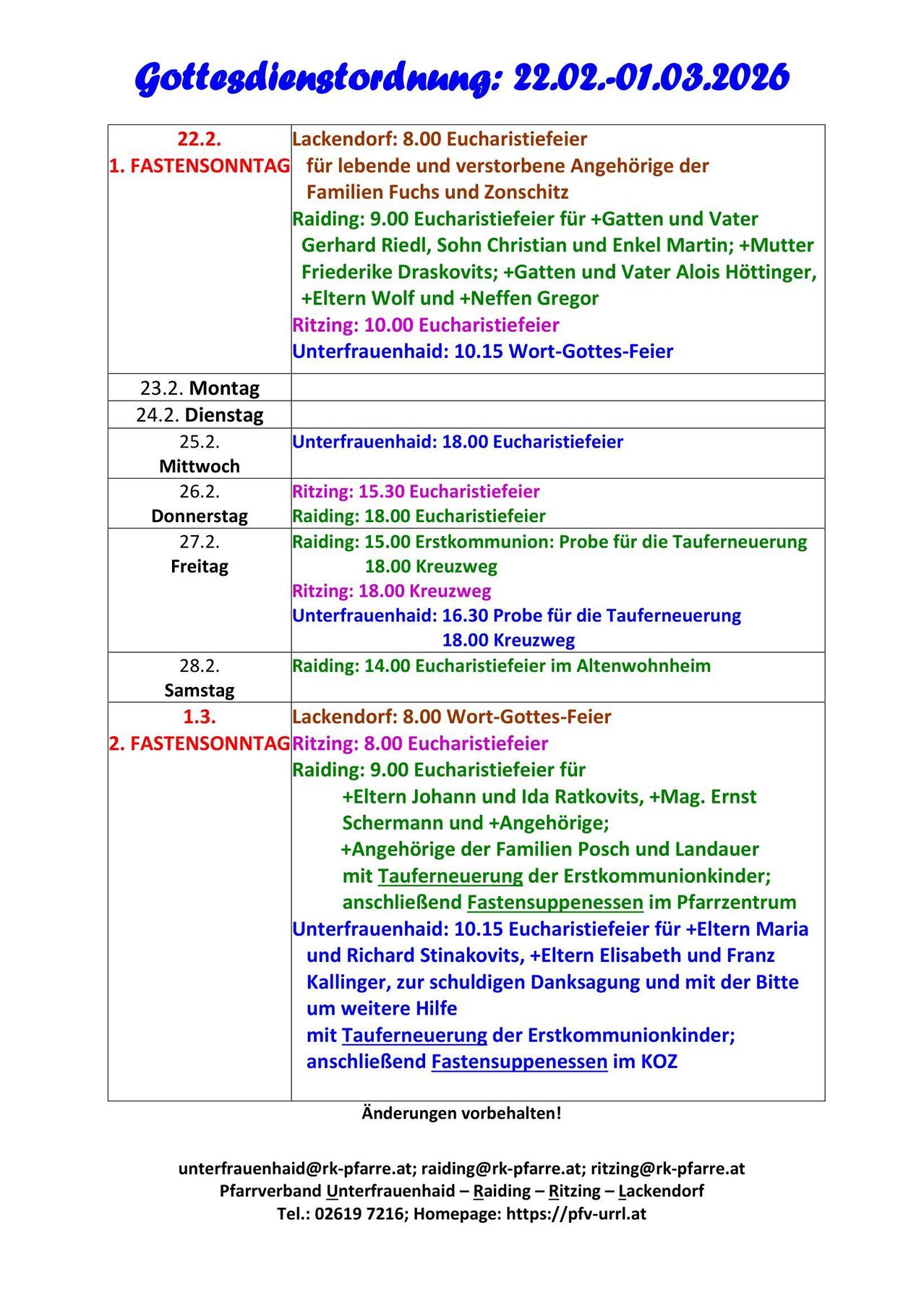 A schedule lists various religious events, including Eucharist celebrations, first communions, and fasting suppers. Events are organized by date and time, with details on attendees and specific activities such as family gatherings and first communion.