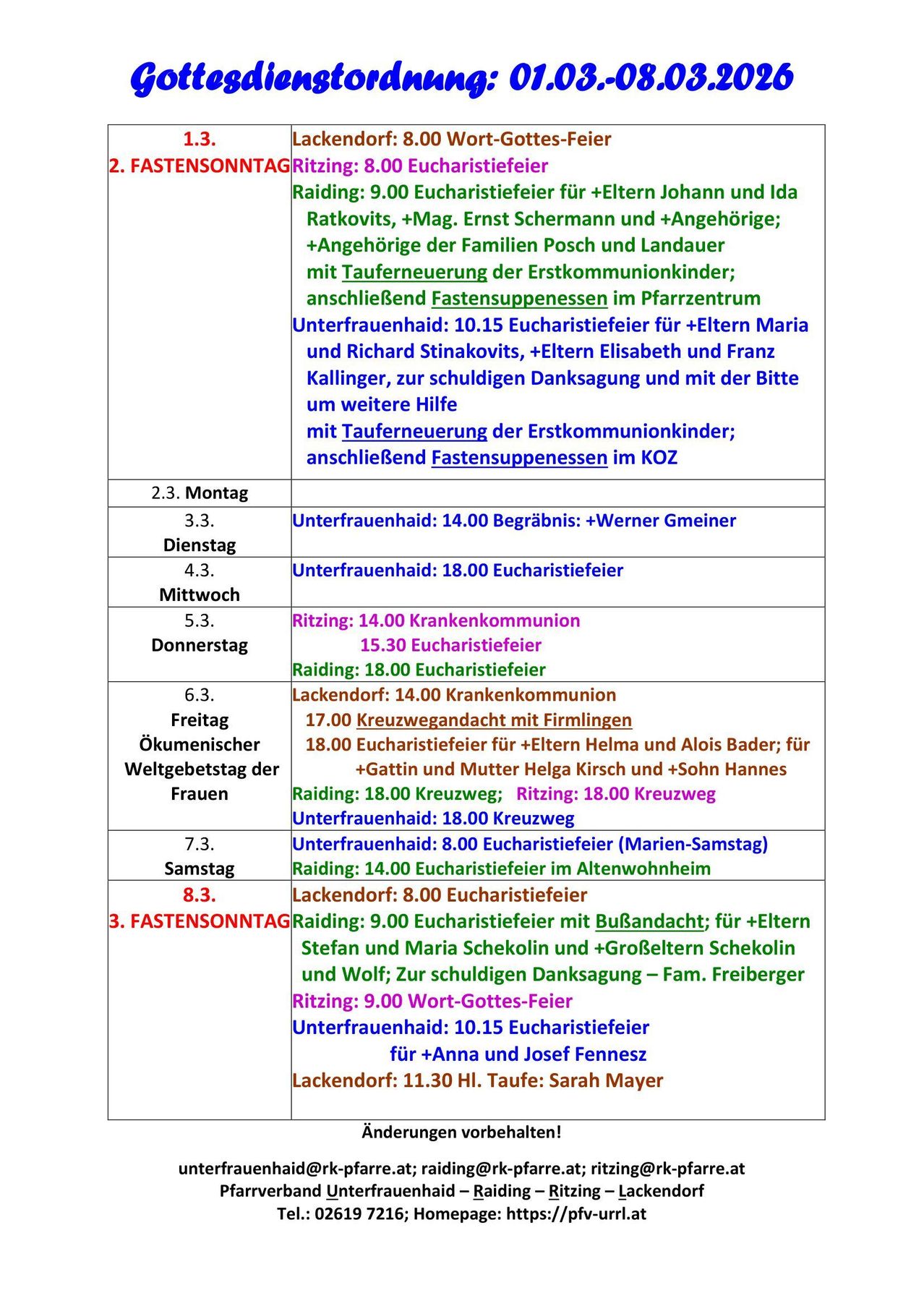 Weekly schedule includes Eucharist services, First Communion preparation, and various religious events. Dates and times listed for each day from Monday to Sunday. Special events like Baptism and Confirmation noted.