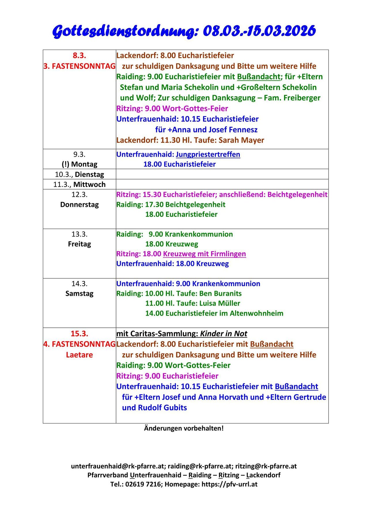 Eine Tabelle listet wöchentliche Gottesdienste auf, einschließlich Eucharistiefeiern, Taufen und Messen. Die Gottesdienste sind für verschiedene Tage und Zeiten geplant, mit spezifischen Themen und besonderen Gästen vermerkt. Die Tabelle erwähnt auch eine Wohltätigkeitssammlung für Kinder in Not.