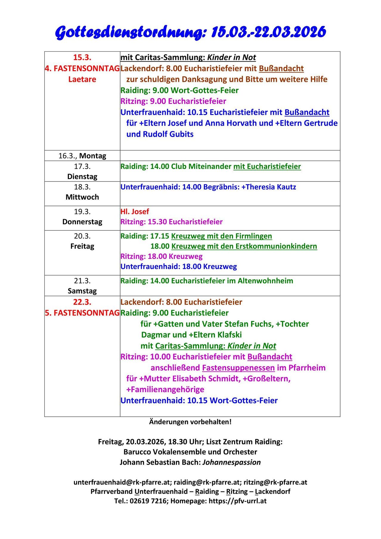 Ein Zeitplan religiöser Veranstaltungen und Messen mit Zeiten und Orten. Veranstaltungen beinhalten eucharistische Feiern, Taufen und besondere Dienste mit spezifischen Teilnehmern. Eine separate Mitteilung weist auf eine bevorstehende Veranstaltung am 20.03.2026 um 18:30 Uhr hin.