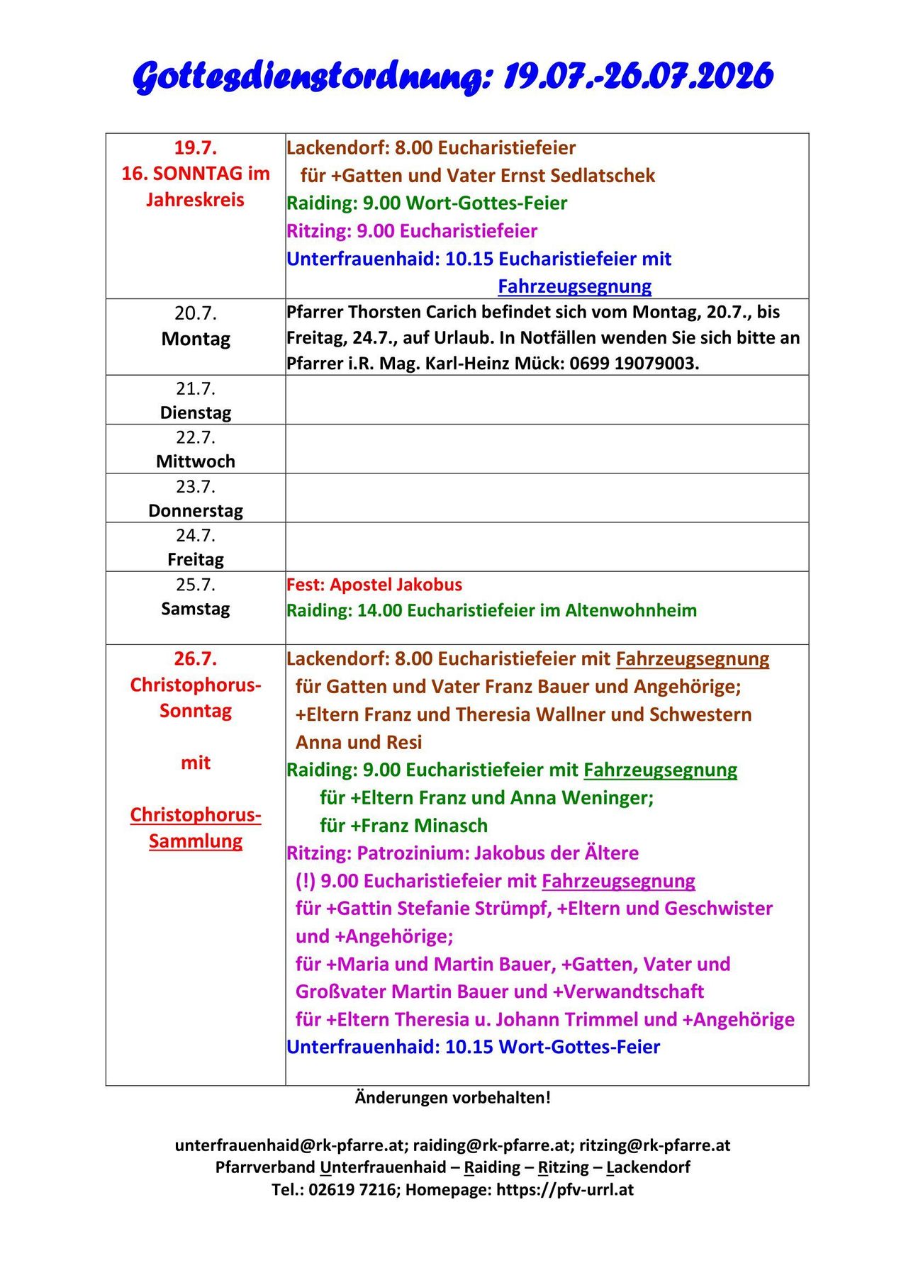Eine Tabelle mit Daten und Ereignissen, einschließlich einer Feier für den Apostel Jakobus, einem Fest in Lackendorf und einer Versammlung für den Christophorus-Sonntag. Jedes Ereignis hat zugehörige Details wie Teilnehmer und Orte.
