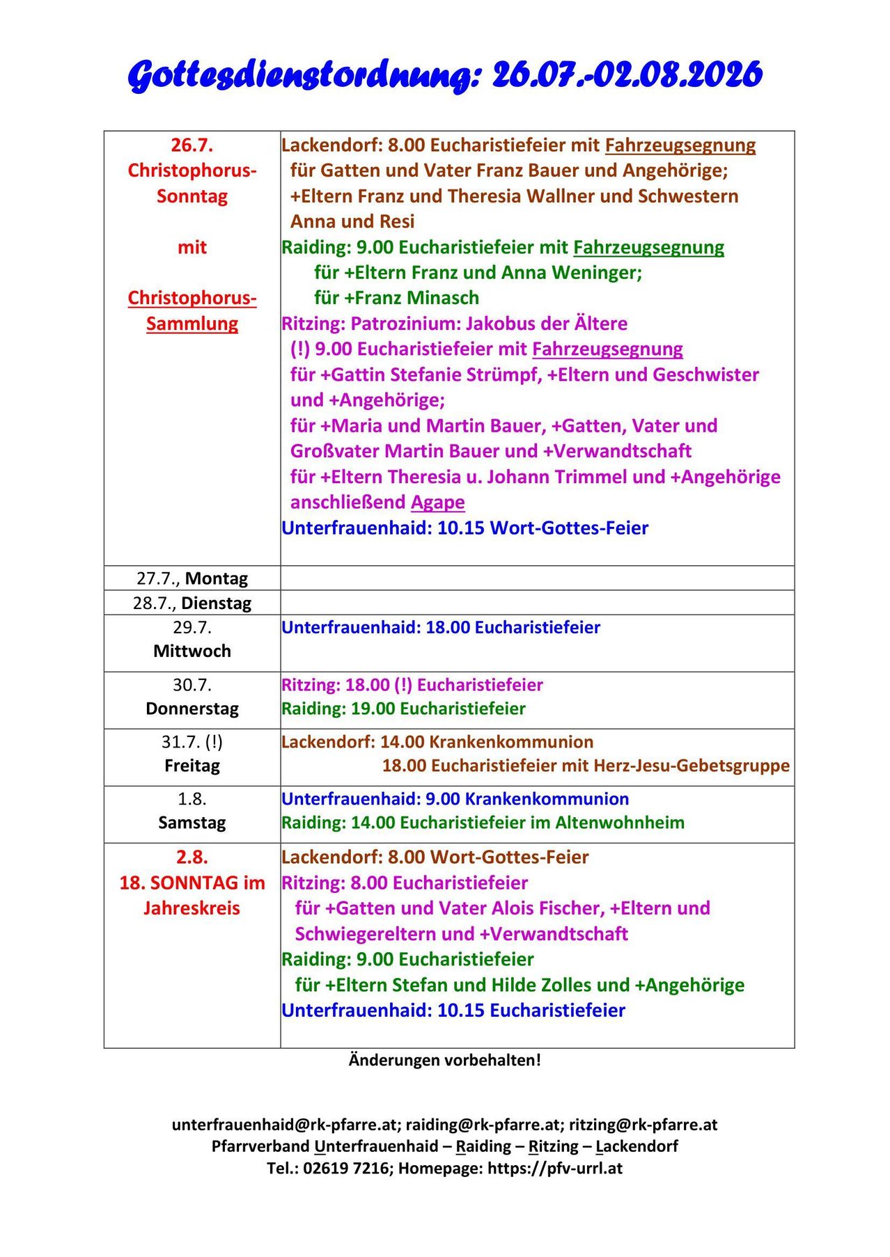 Eine Tabelle mit religiösen Veranstaltungsplänen, einschließlich Daten, Zeiten und Beschreibungen von Messen, Segnungen und Kommunionen. Die Tabelle ist in Spalten für Wochentage und Zeilen für bestimmte Veranstaltungen unterteilt.
