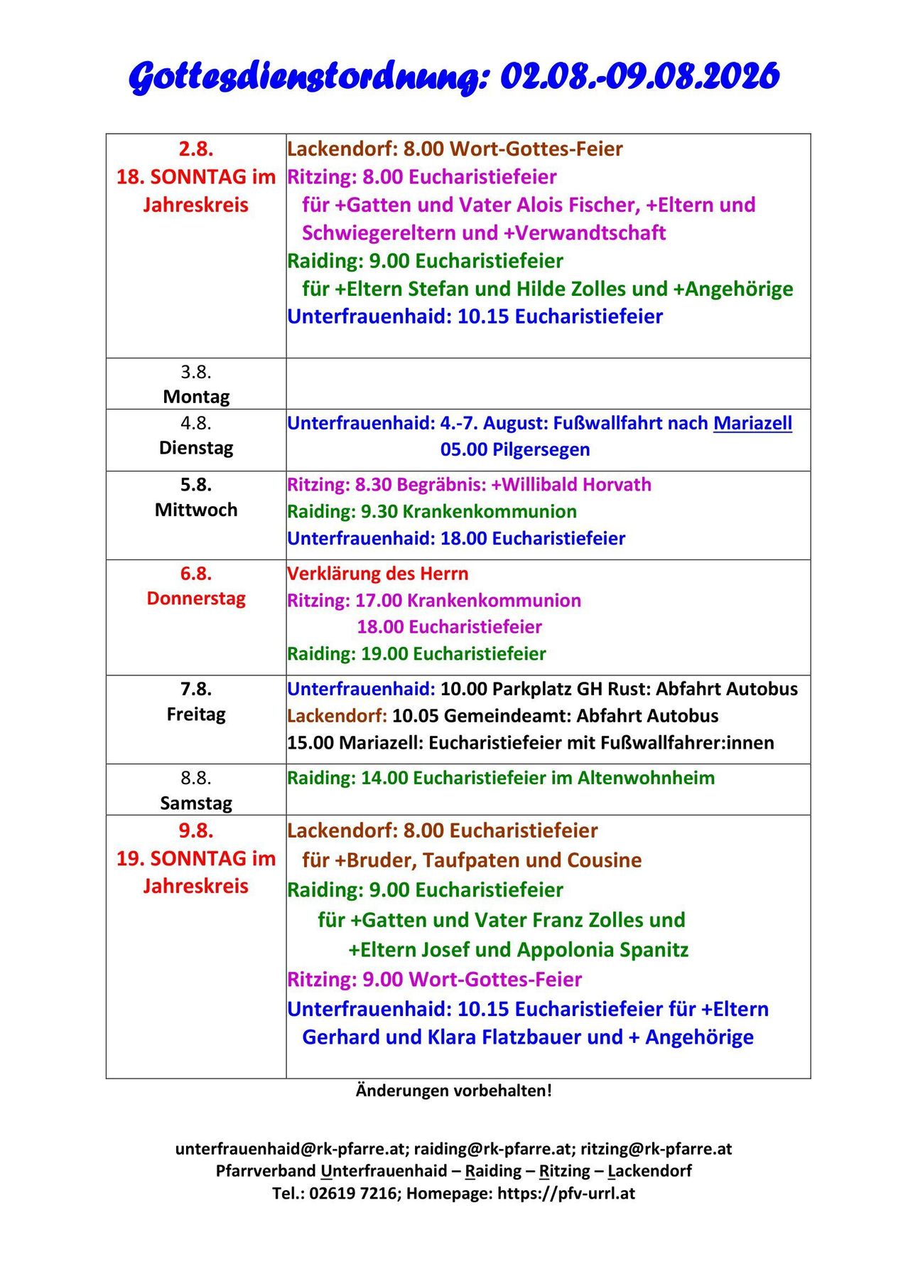 Eine Tabelle mit Daten und Ereignissen, einschließlich Eucharistiefeiern, Prozessionen und Messen, mit Details wie Zeiten und Orten. Die Tabelle ist in Abschnitte für verschiedene Tage unterteilt und enthält Hinweise darauf, für wen die Veranstaltungen sind.