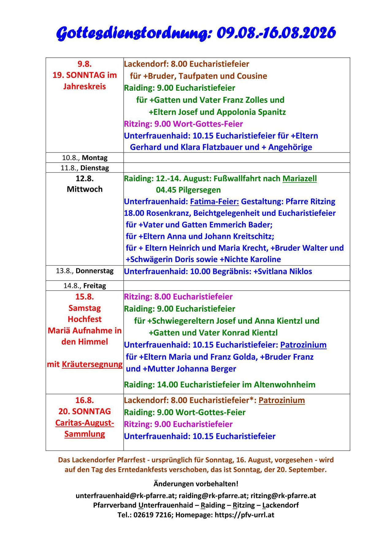 A schedule of religious events, including various masses, feasts, and processions, with dates and times listed in a table format. The events are named and described briefly.
