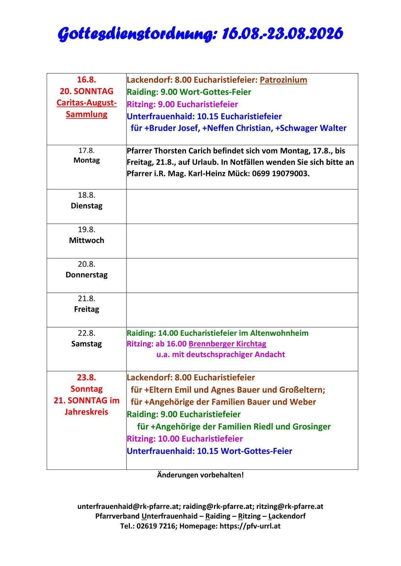 A schedule of religious events includes dates and times for various services and gatherings, with specific details about locations and attendees.