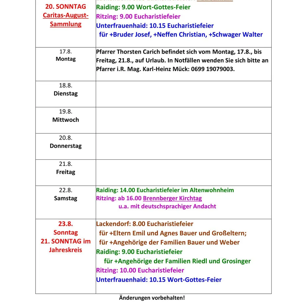 Ein Zeitplan für religiöse Veranstaltungen enthält Daten und Uhrzeiten für verschiedene Gottesdienste und Zusammenkünfte, mit spezifischen Details zu Orten und Teilnehmern.