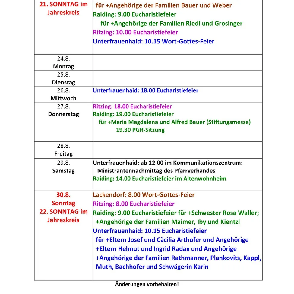 Eine Tabelle mit Daten und entsprechenden religiösen Veranstaltungen, einschließlich Eucharistiefeiern, Messen und Familienweihen, vom 21. August bis zum 30. August.