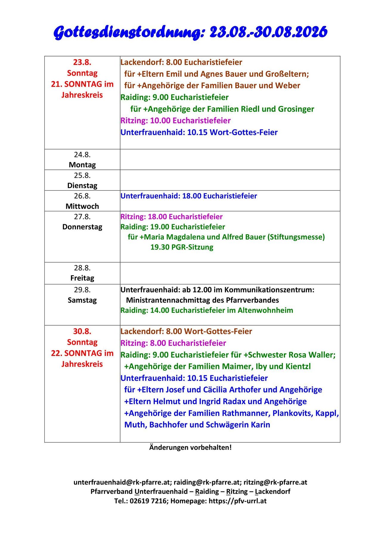 A table with dates and corresponding religious events, including Eucharist celebrations, masses, and family dedications, spanning from August 21 to August 30.