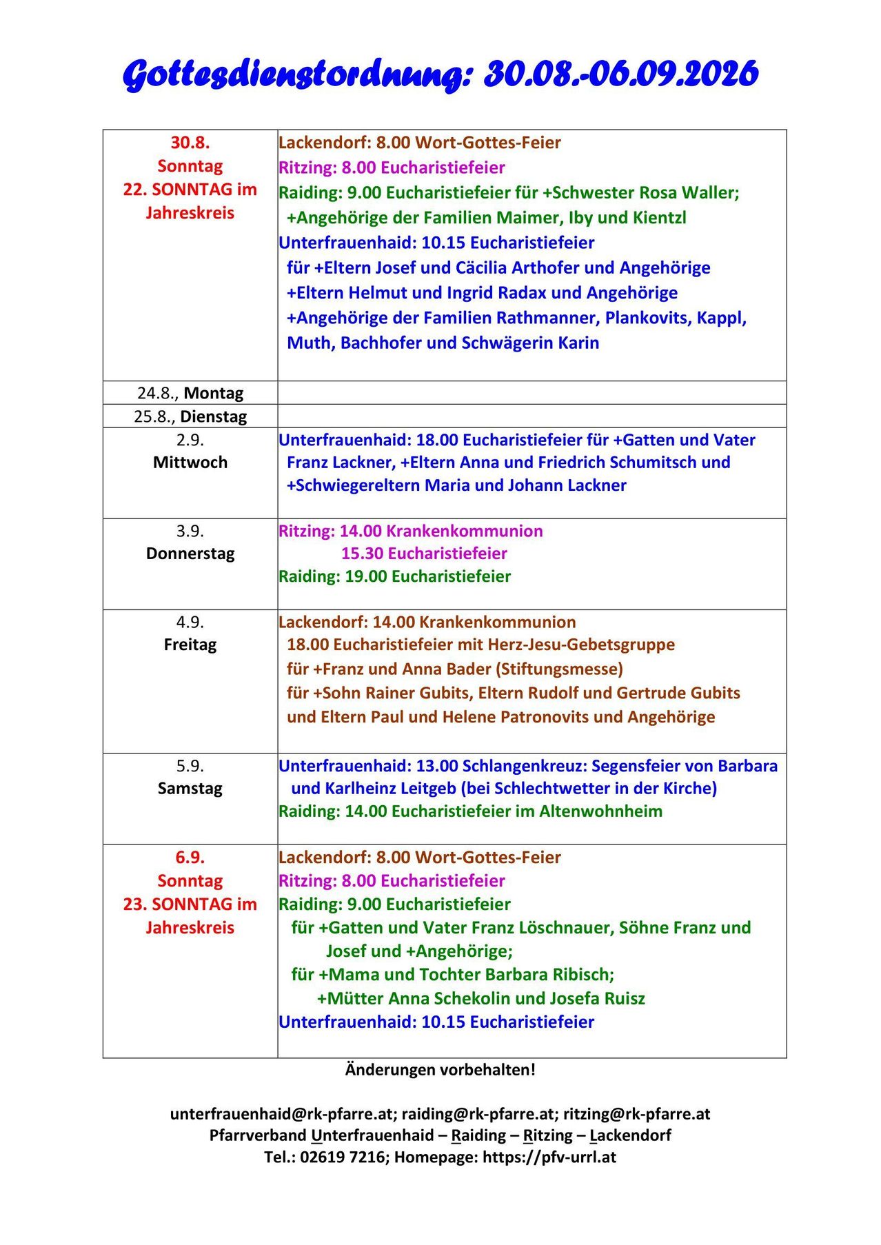 A table showing dates and corresponding religious events, including masses, communions, and blessings for various individuals and families.