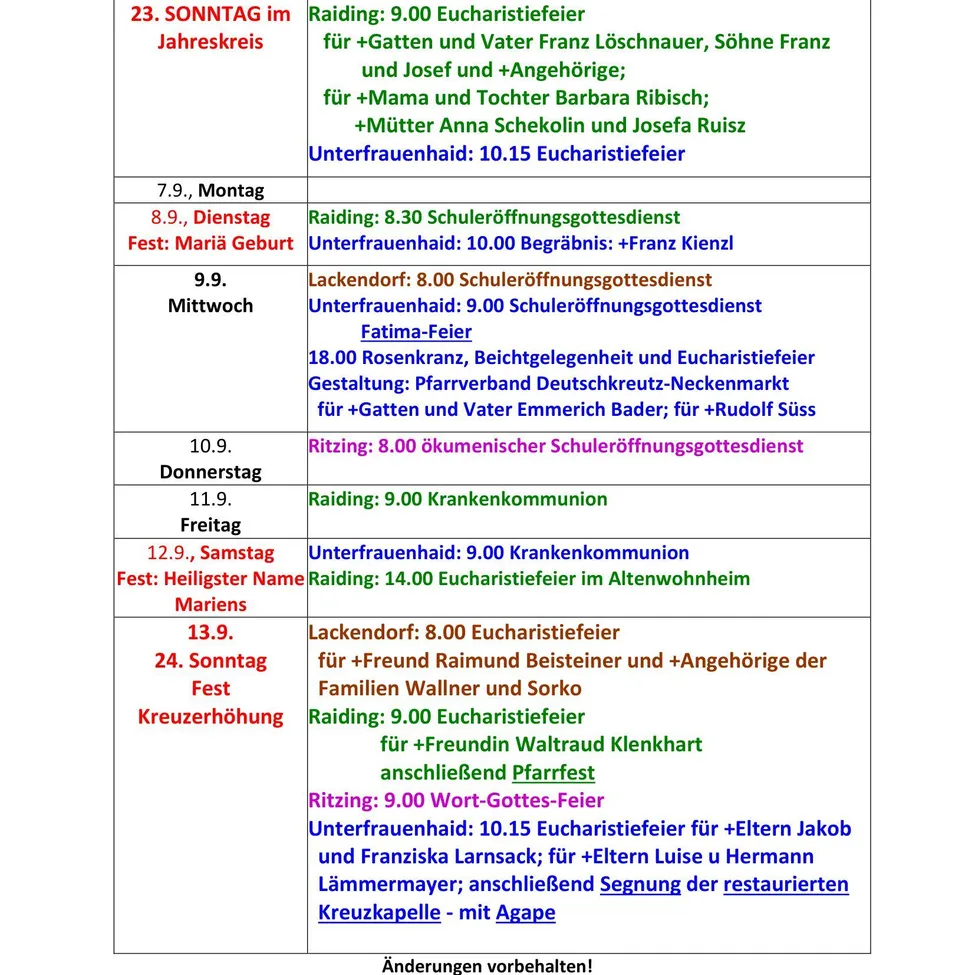 Eine Tabelle mit einem Zeitplan für religiöse Dienstleistungen und Veranstaltungen, einschließlich Daten, Zeiten und Beschreibungen jedes Ereignisses.