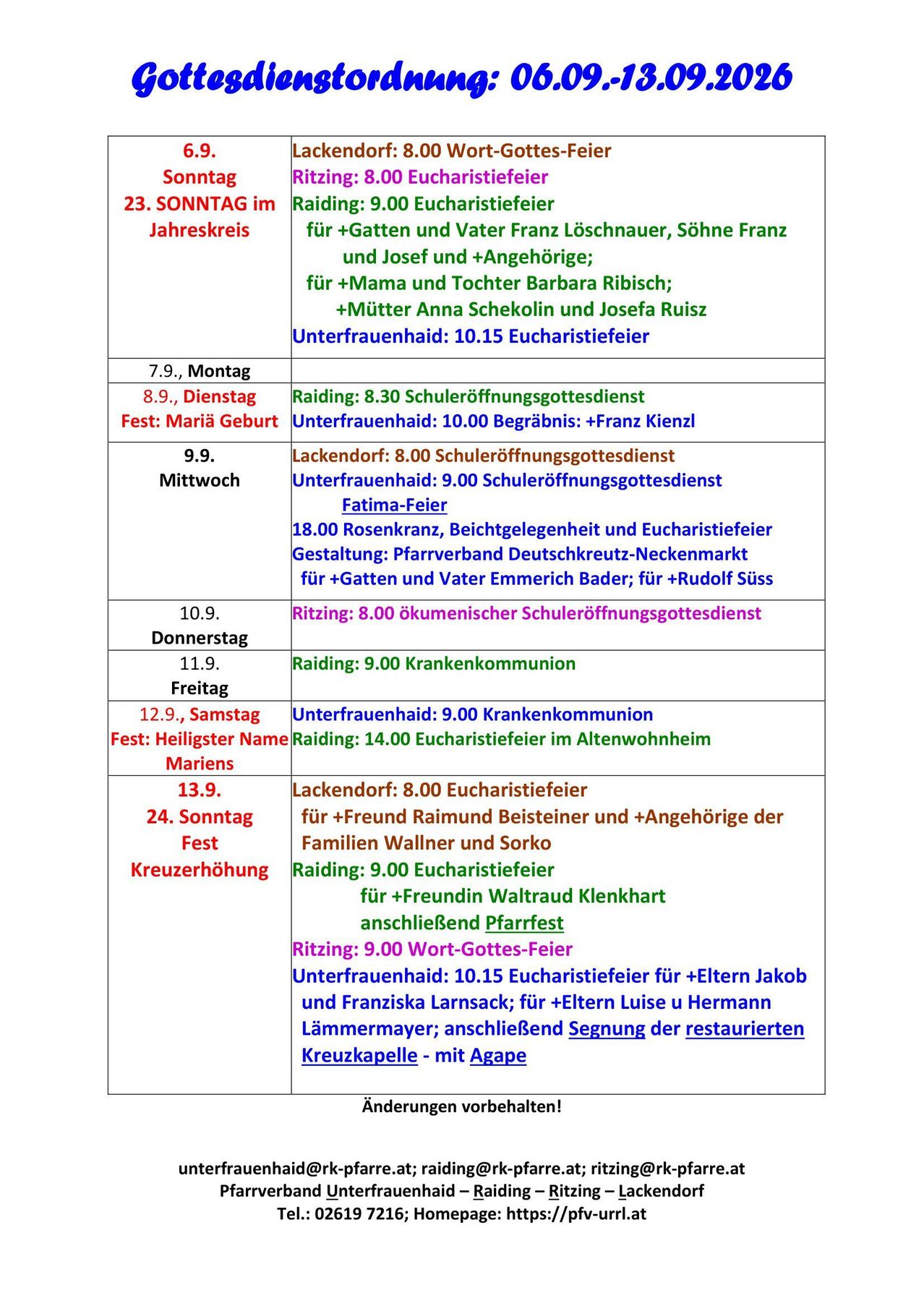 A table with a schedule of religious services and events, including dates, times, and descriptions of each event.