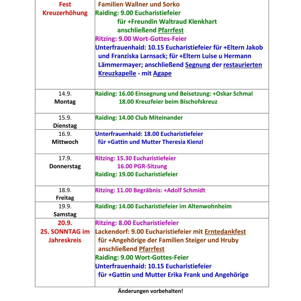 Eine Tabelle mit verschiedenen religiösen Veranstaltungsplänen, einschließlich Daten, Zeiten und Beschreibungen der Ereignisse. Die Tabelle ist in zwei Abschnitte unterteilt, einen für 'Fest Kreuzerhöhung' und einen für 'Familien Wallner und Sorkó Raiding'. Jeder Abschnitt listet verschiedene Veranstaltungen mit entsprechenden Details auf.
