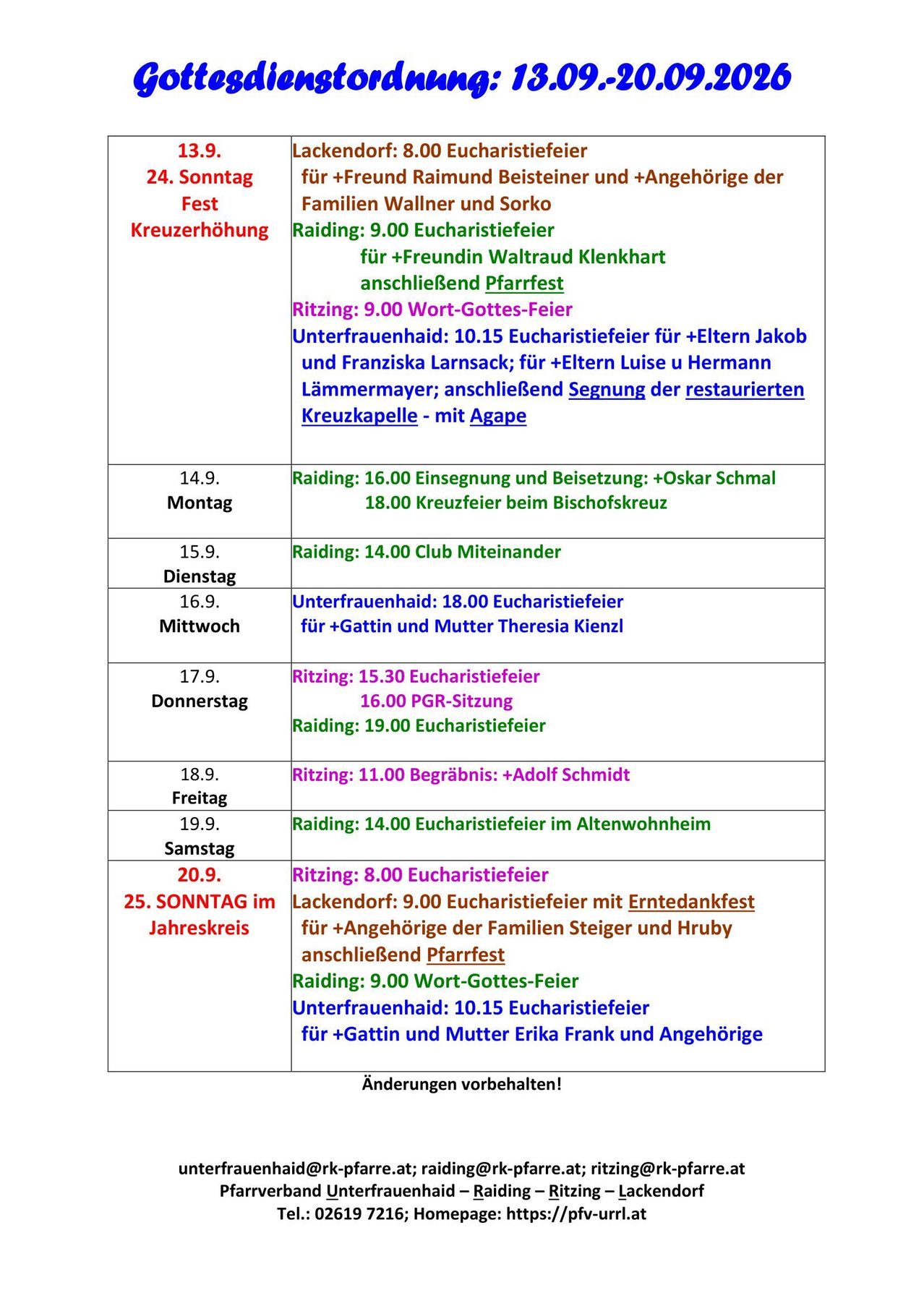 Eine Tabelle mit verschiedenen religiösen Veranstaltungsplänen, einschließlich Daten, Zeiten und Beschreibungen der Ereignisse. Die Tabelle ist in zwei Abschnitte unterteilt, einen für 'Fest Kreuzerhöhung' und einen für 'Familien Wallner und Sorkó Raiding'. Jeder Abschnitt listet verschiedene Veranstaltungen mit entsprechenden Details auf.