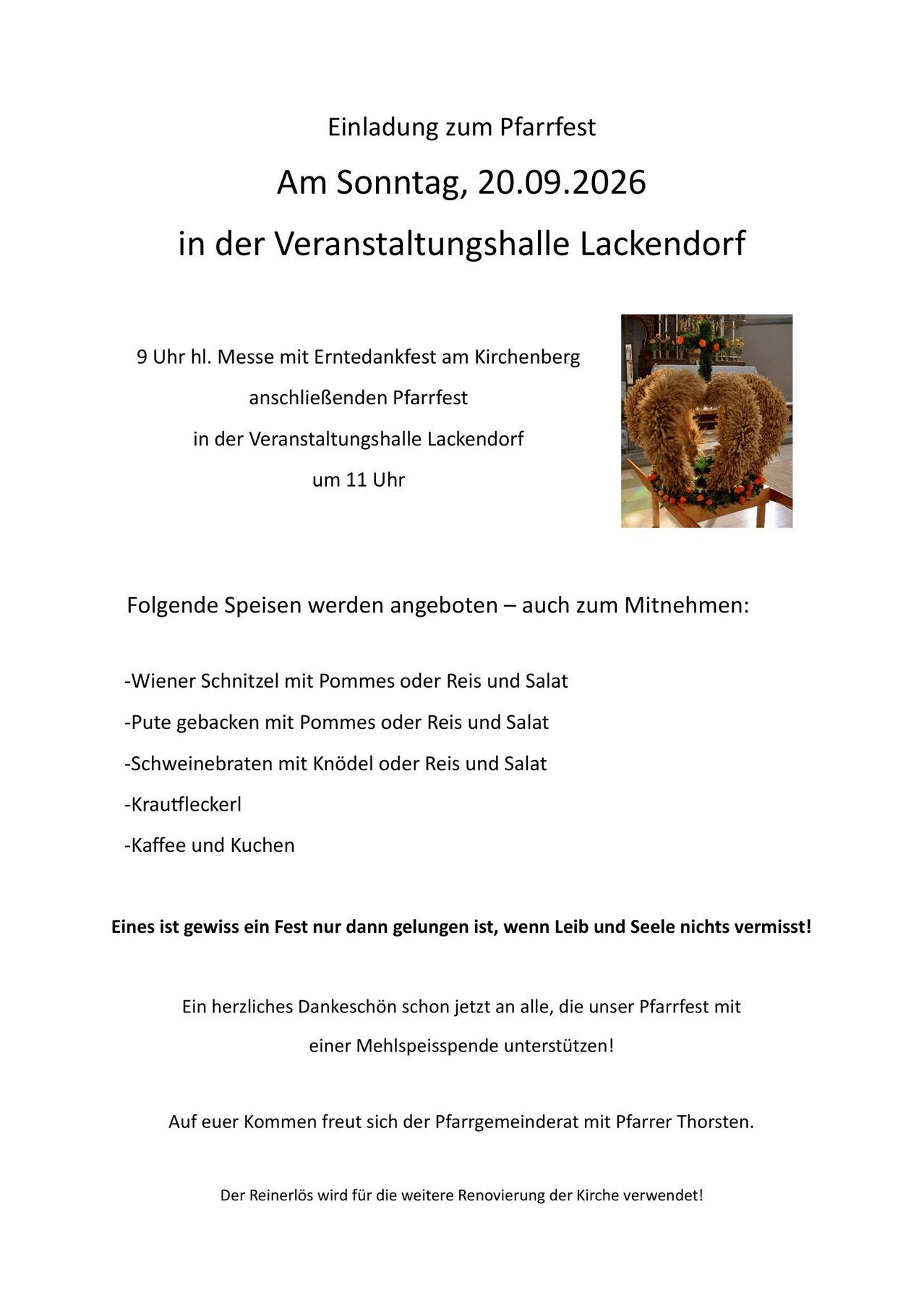 A flyer for an event in Lackendorf with details about a mass, a church festival, and food offerings. The flyer includes a picture of a wreath.