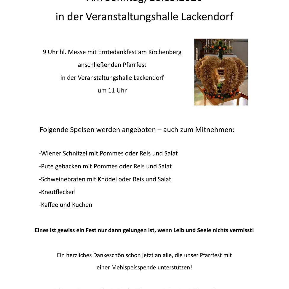 Ein Flyer für eine Veranstaltung in Lackendorf mit Informationen über eine Messe, ein Kirchenfest und angebotene Speisen. Der Flyer enthält ein Bild einer Girlande.