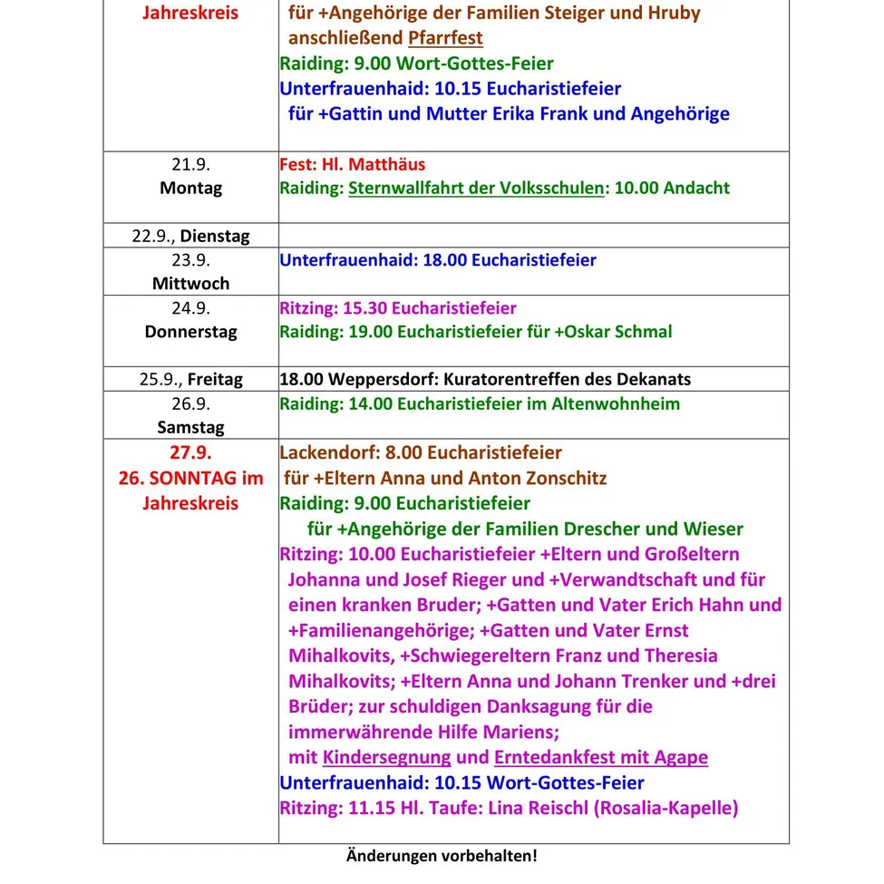 Ein Zeitplan mit religiösen Veranstaltungen, einschließlich Daten, Zeiten und Beschreibungen jeder Veranstaltung. Die Tabelle ist in Abschnitte für verschiedene Wochentage unterteilt.