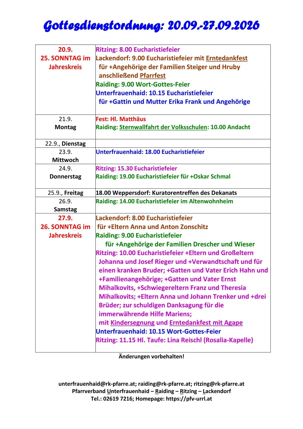 Ein Zeitplan mit religiösen Veranstaltungen, einschließlich Daten, Zeiten und Beschreibungen jeder Veranstaltung. Die Tabelle ist in Abschnitte für verschiedene Wochentage unterteilt.