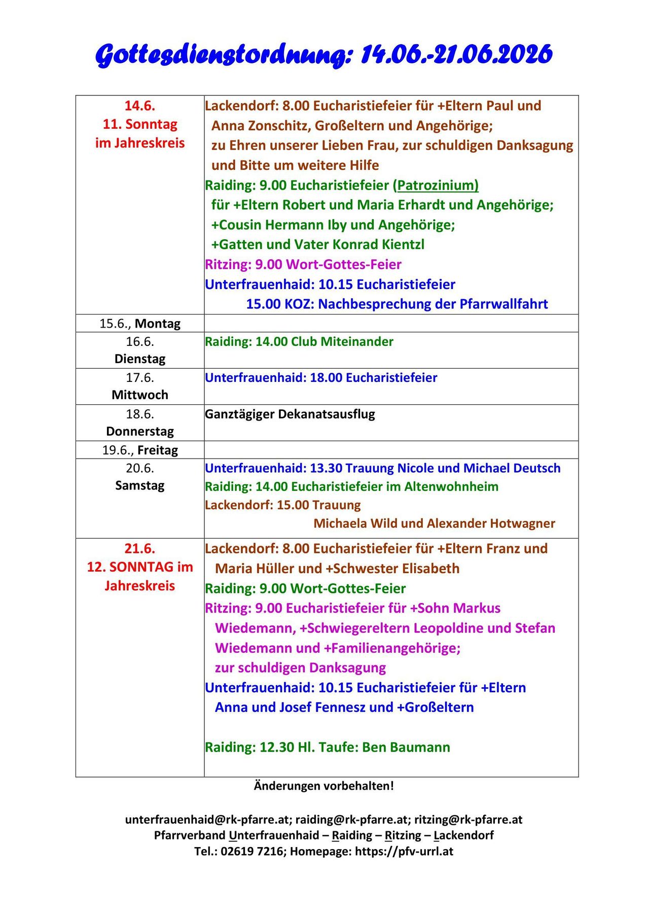 Das Bild zeigt eine Tabelle mit Zeitplänen für religiöse Veranstaltungen, einschließlich Daten, Aktivitäten und beteiligten Familienmitgliedern. Die Tabelle umfasst eine Mischung aus Gottesdiensten, Gedenkfeiern und Segnungen.