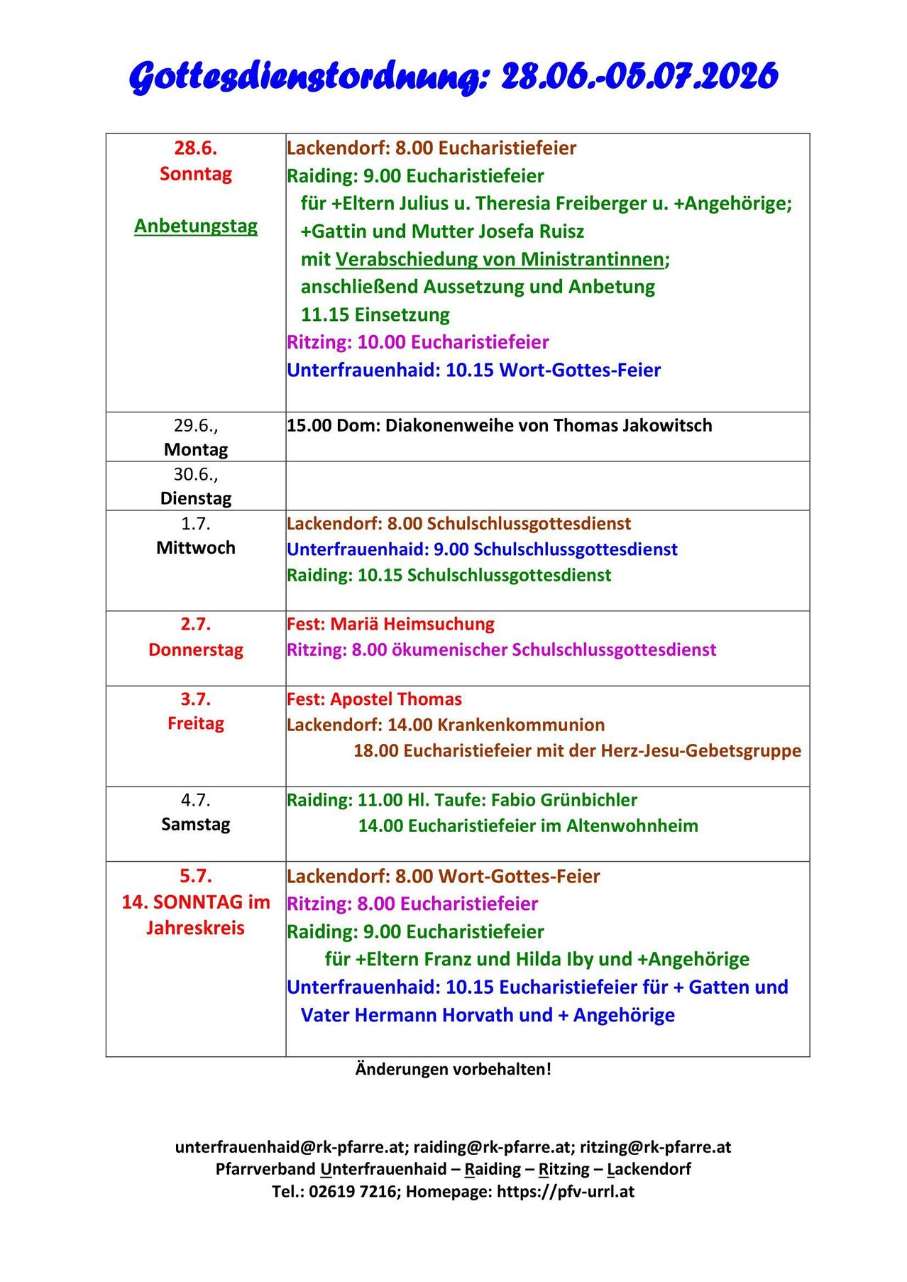 The image shows a weekly schedule for church events, including Mass times, catechism classes, and special ceremonies. Notable events include a deacon ordination, first communion, and a marriage ceremony. The schedule is divided by day and time, with additional details provided for each event.