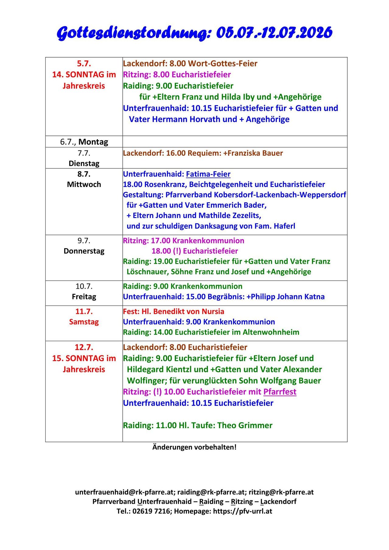 The image displays a weekly schedule for religious services. It lists various days with corresponding religious events, including masses, processions, and blessings. The schedule includes details such as times, participants, and special guests.