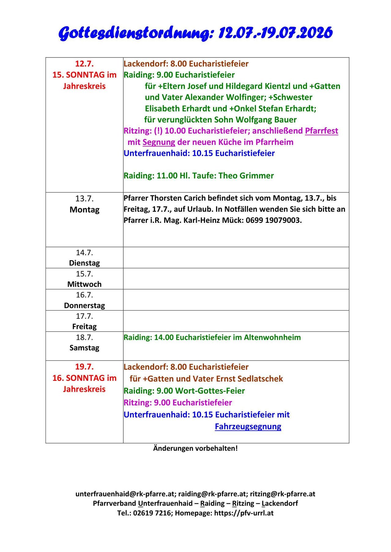 Eine Tabelle mit einem Zeitplan von Veranstaltungen, einschließlich Daten, Zeiten und Beschreibungen von Gottesdiensten und Versammlungen. Die Tabelle ist in Abschnitte für verschiedene Wochentage unterteilt.