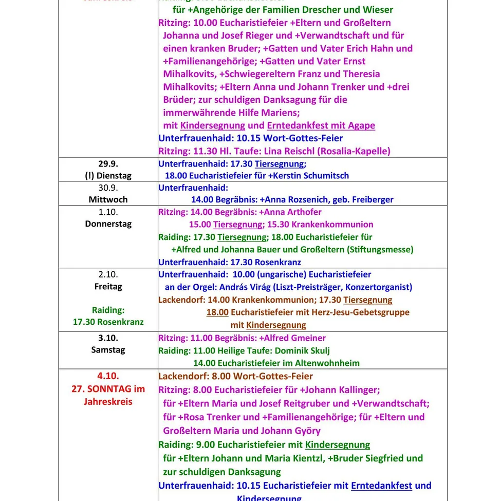 Ein Dokument mit einem Zeitplan für religiöse Dienstleistungen und Segnungen, einschließlich Details zu Eucharistie, Taufen und Messen. Es listet Namen, Daten und Zeiten für verschiedene Veranstaltungen auf.