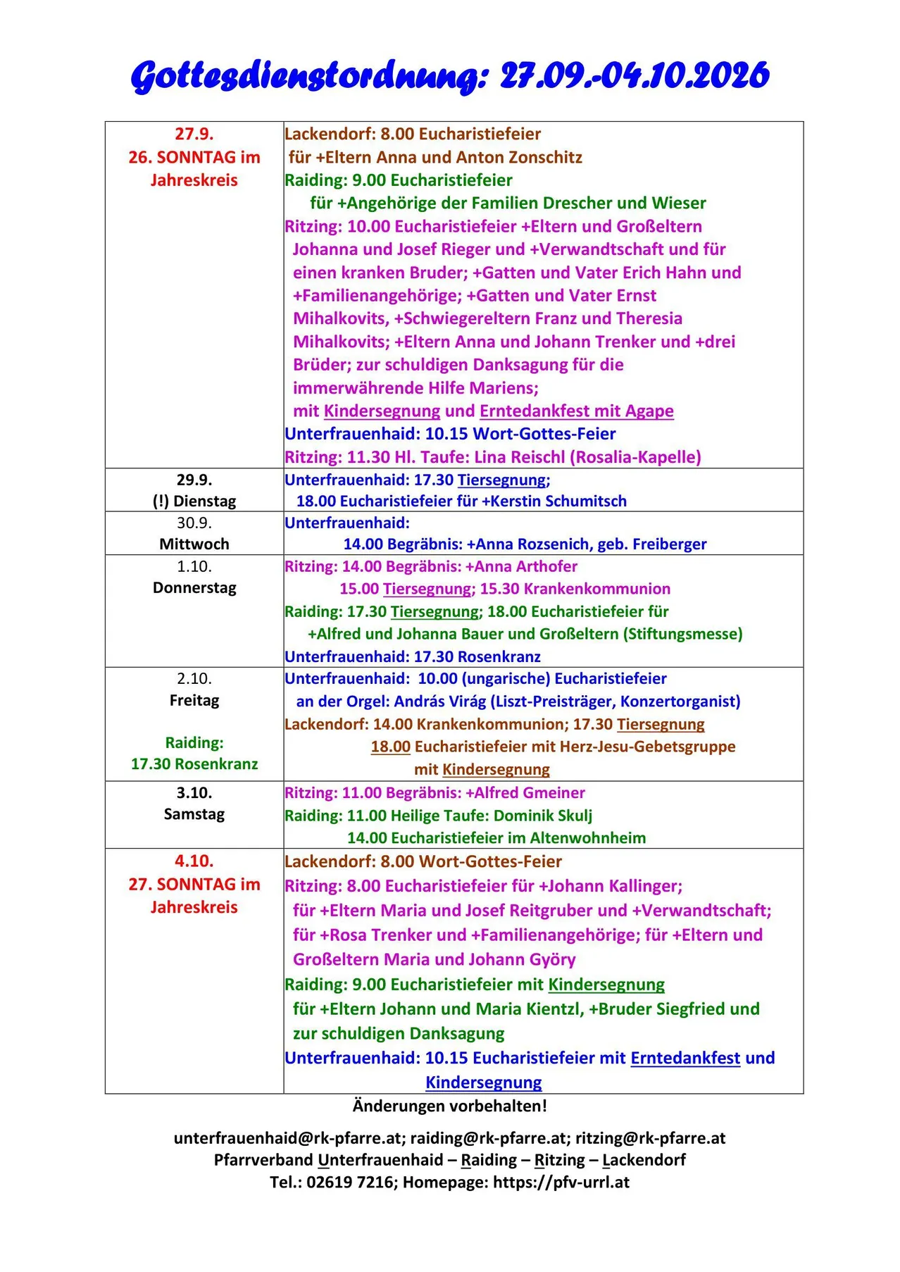 Ein Dokument mit einem Zeitplan für religiöse Dienstleistungen und Segnungen, einschließlich Details zu Eucharistie, Taufen und Messen. Es listet Namen, Daten und Zeiten für verschiedene Veranstaltungen auf.